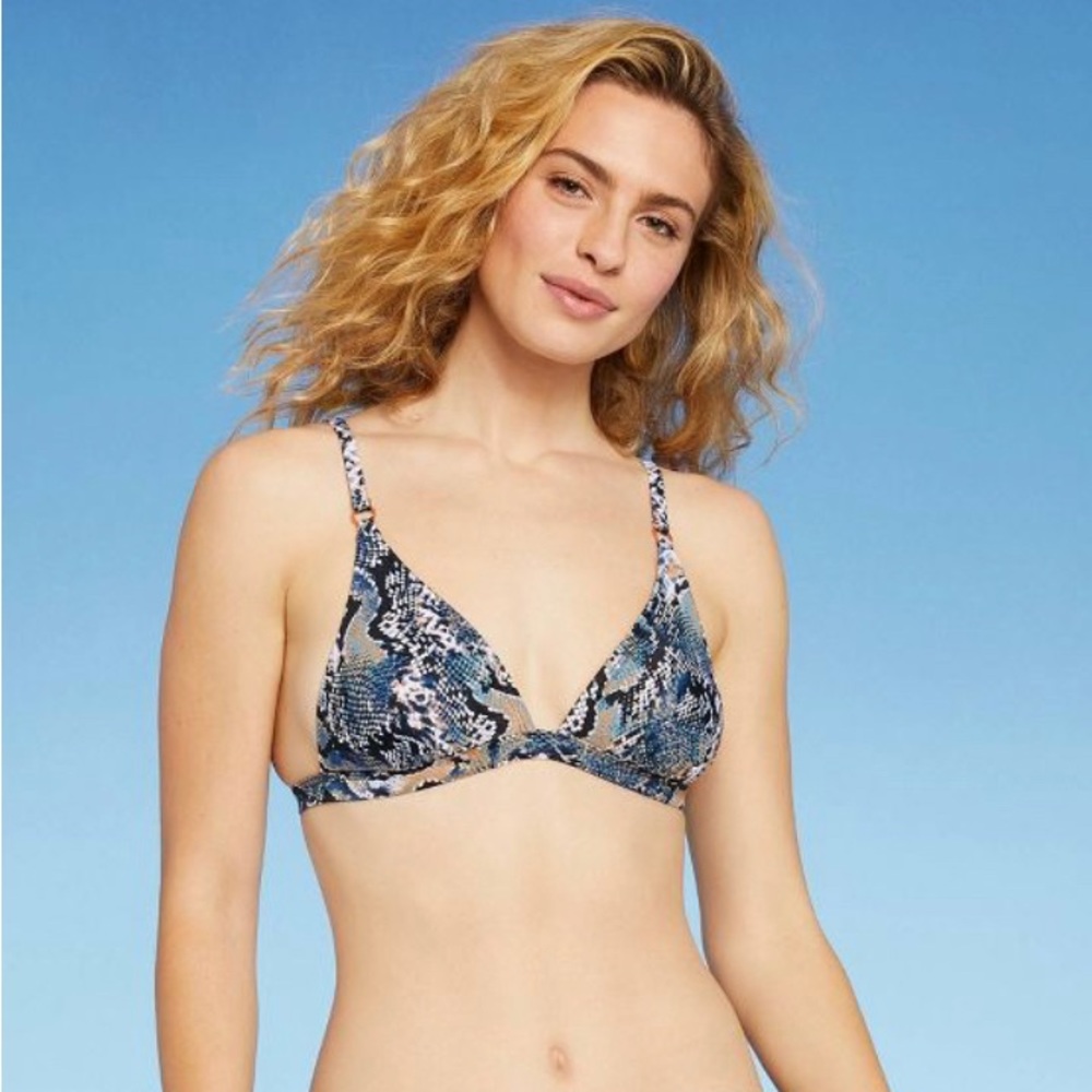 Shade & Shore Wireless Triangle Swimsuit Bikini Top Blue Snakeskin L